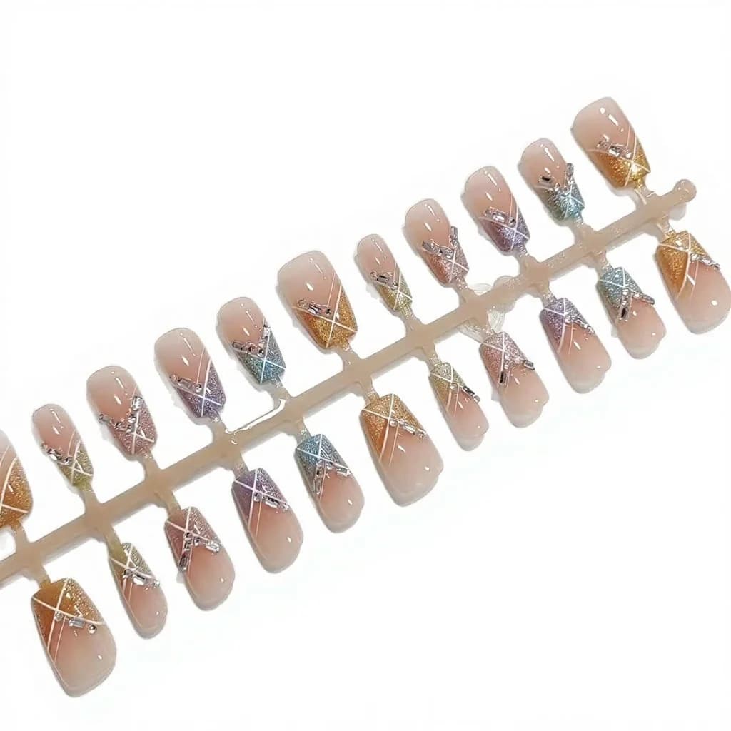 เล็บติดด่วน Candy Party ทรงสี่เหลี่ยมสั้น Rainbow Cat Eye พร้อมเพชรประดับ