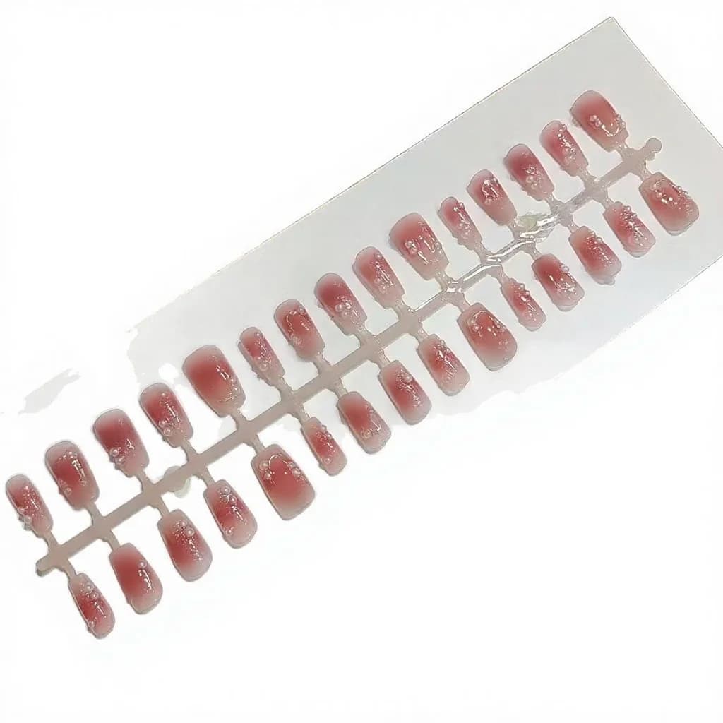 เล็บปลอมทรงสั้น Coffin ลายดอกไม้ผีเสื้อ สี Plum Blush 30 ชิ้น