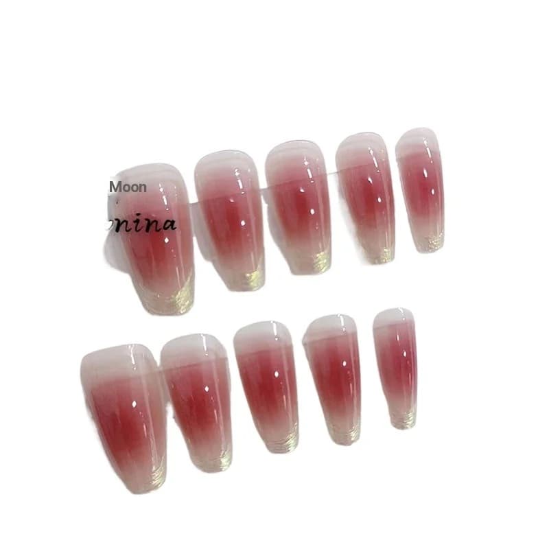 เล็บปลอมทรงคอฟฟินยาว Sunset Blush พร้อม finish โครเมียม Moonlight